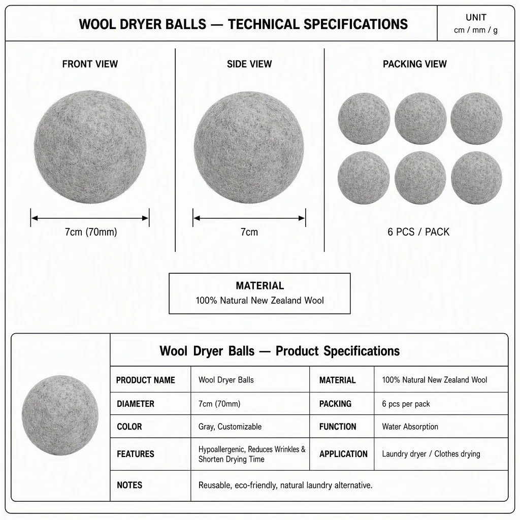 Natural grey wool dryer ball - technical specification