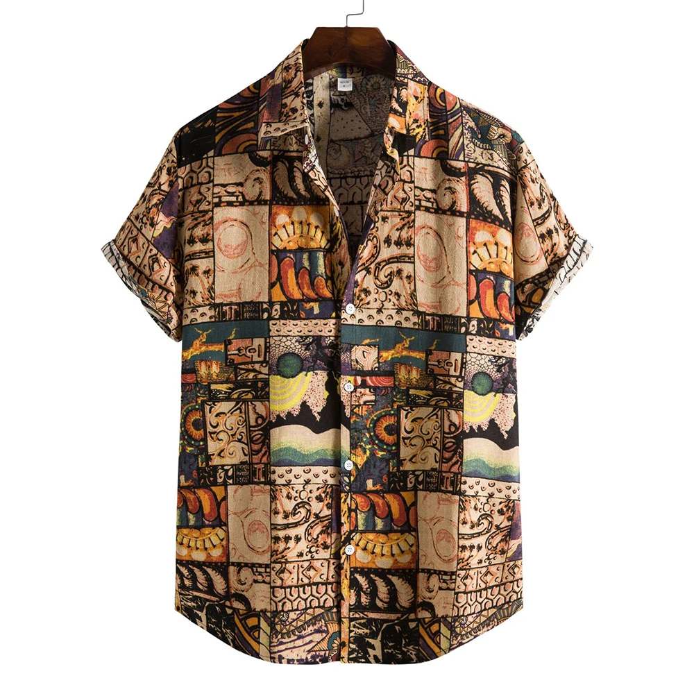 

Summer Men's Fashion Short Sleeve Shirt Polyester Cotton Casual Retro Color all over print shirt