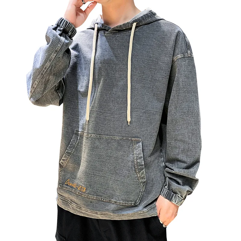 

2021 new simple denim casual gym fitnese slim fit sweatshirts men's hoodies, Denim yellow, denim gray