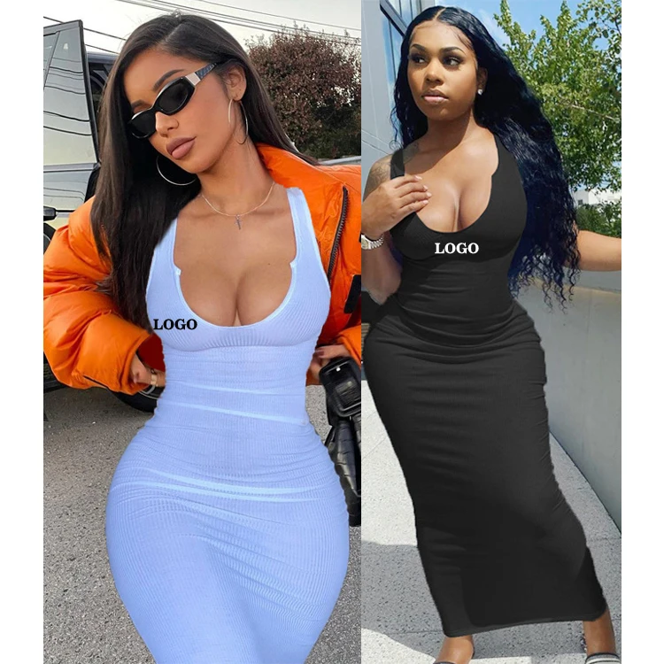 

Free Shipping Summer Wholesale Casual Deep U Solid Color Pencil Maxi Dress Sleeveless Bodycon Dresses Women