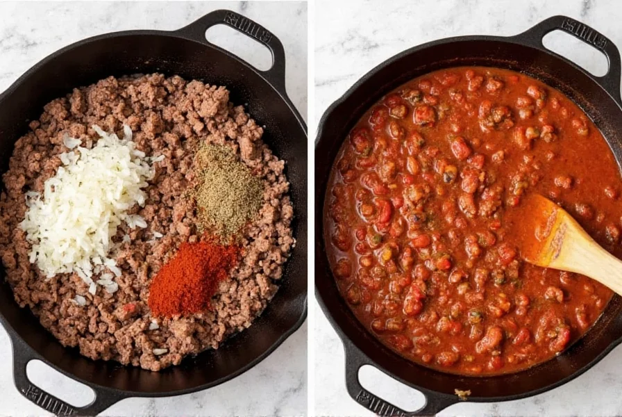 Step-by-step preparation of thick chili for Frito Chili Pie in cast iron skillet with ground beef, onions, and spices