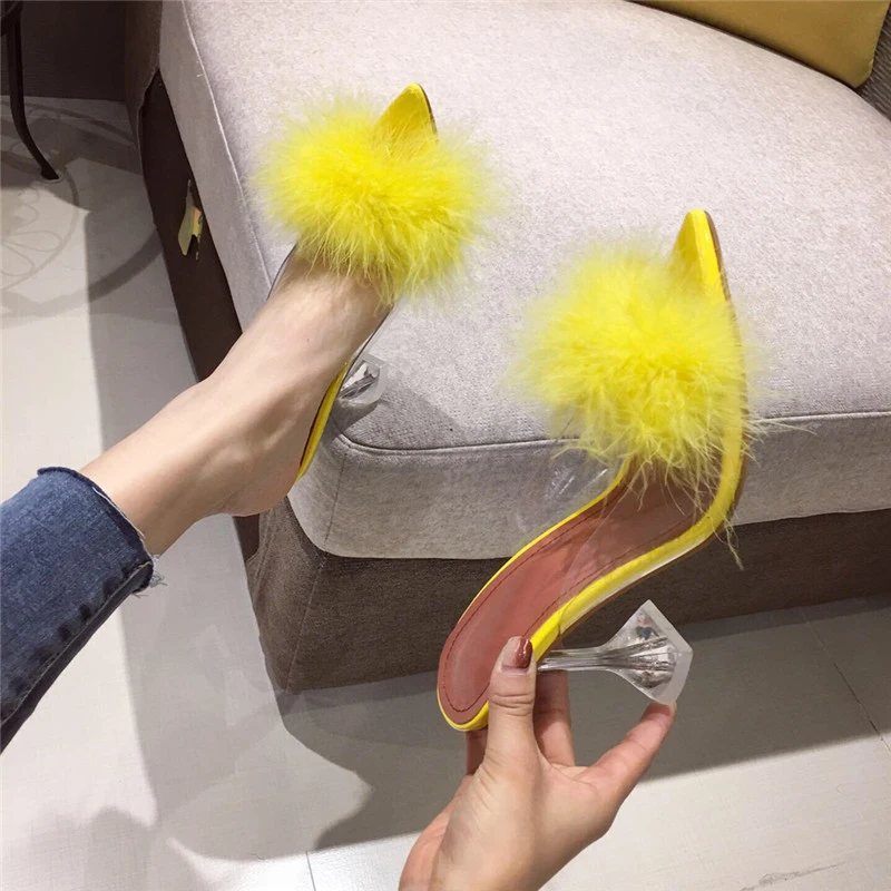 

2020 New PVC shoes Woman Feather Transparent High heels Fur Pumps Slippers Women Peep toe Mules Lady Pumps Slides