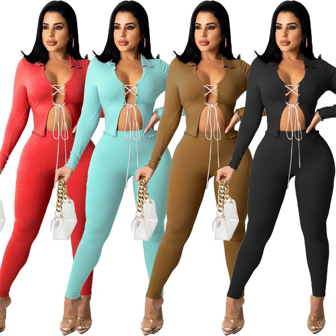 

Fall 2021 Sports Leisure Long Sleeve 2 Piece Set Solid color Sexy Ladies Suit Women Bandage Two Piece Pants, 4 colors