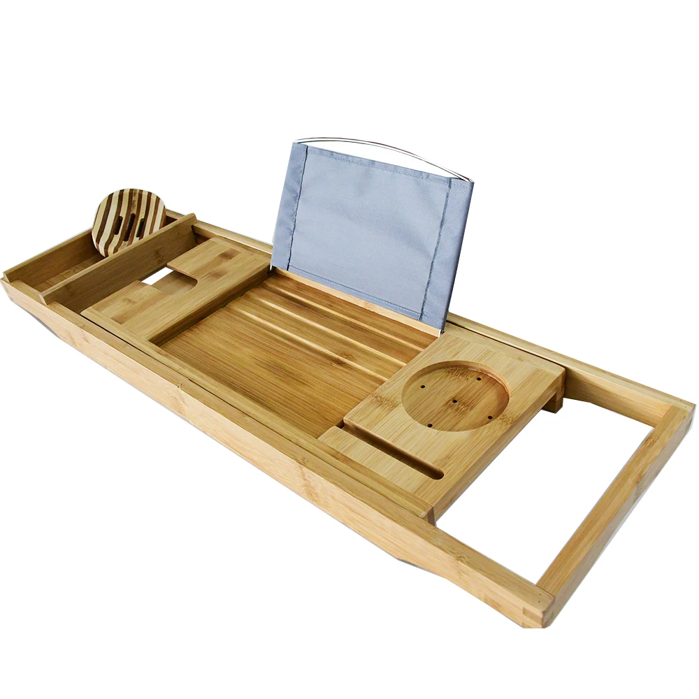 

Bathtub Caddy Bamboo Bath Tub Rack Tray Bathroom Cloth Book/Pad/Tablet Holder, Natural bamboo color