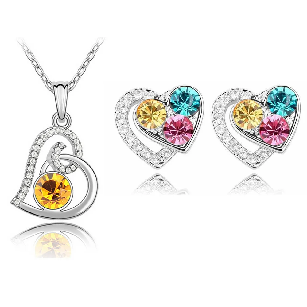 

Korean Popular Multi Colors Crystal Rhinestone Heart Pendant Necklace Stud Earrings Silver Plating Rhinestone Heart Jewelry Set