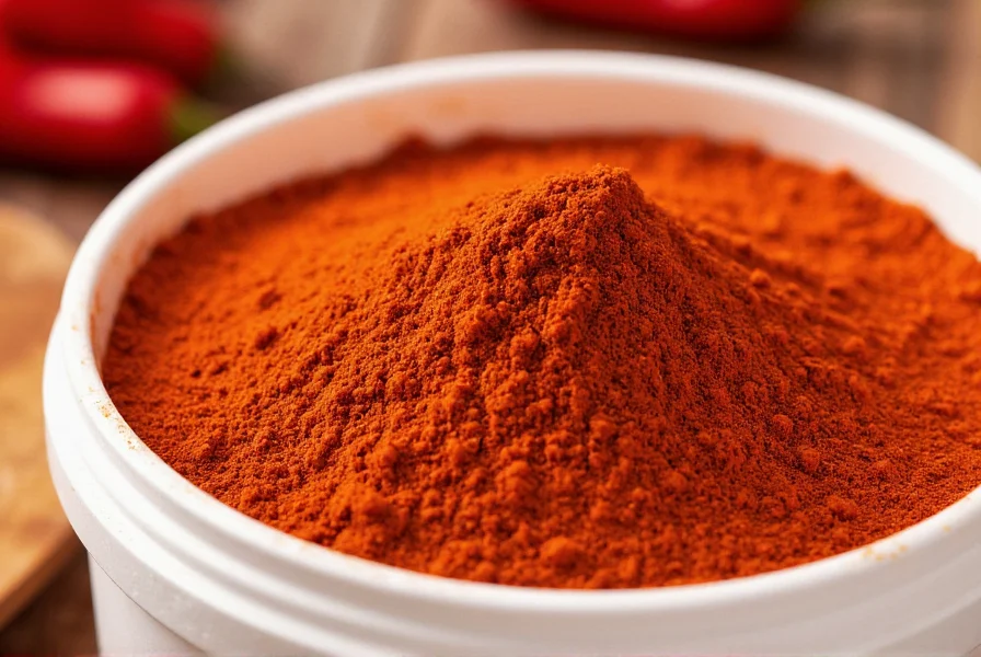 Close-up view of fine chili powder in white tub container showing smooth texture and rich red color