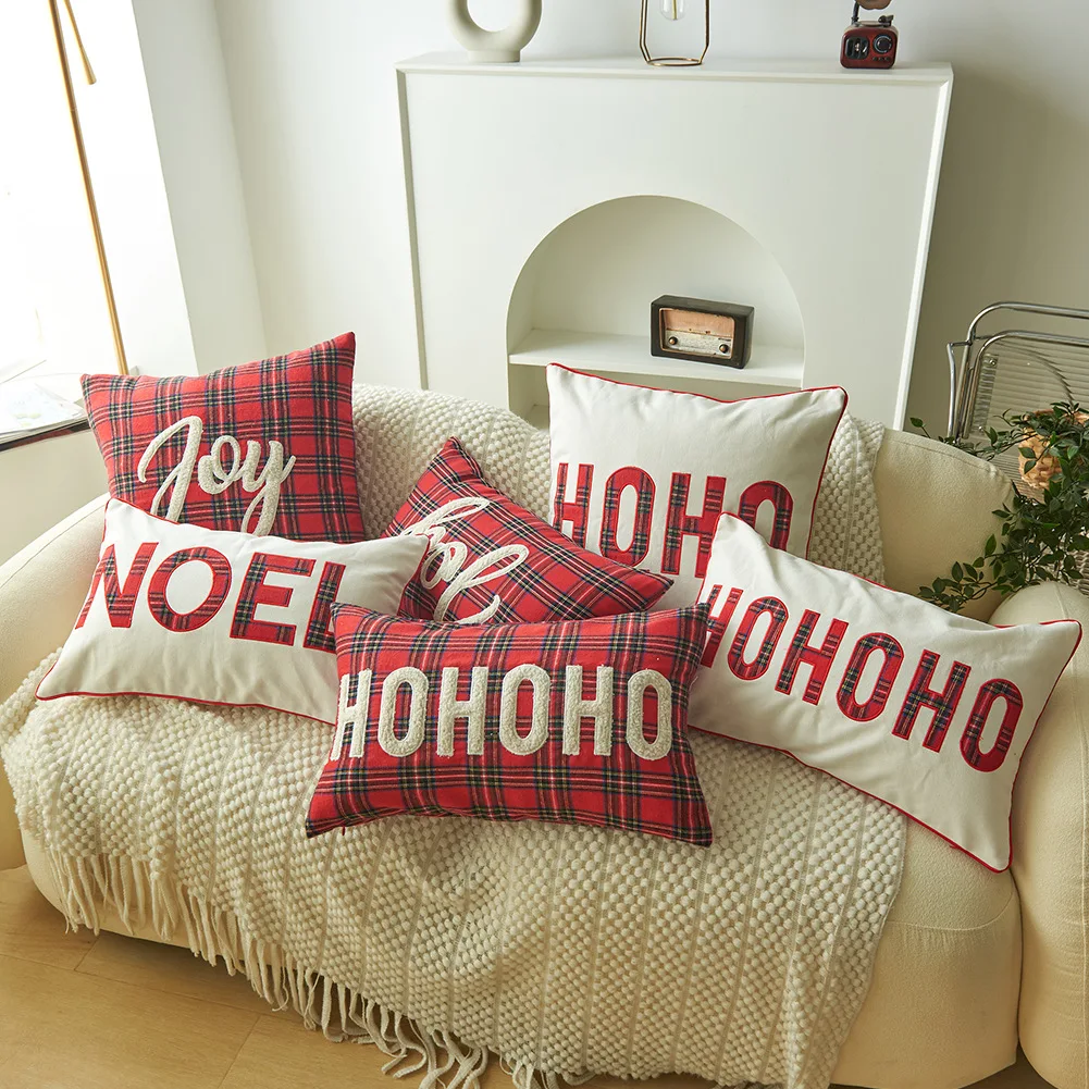 

Merry Christmas Red And Green Plaid Letter Embroidery Pillow Cover Home Holiday Decoration Cushion Cover