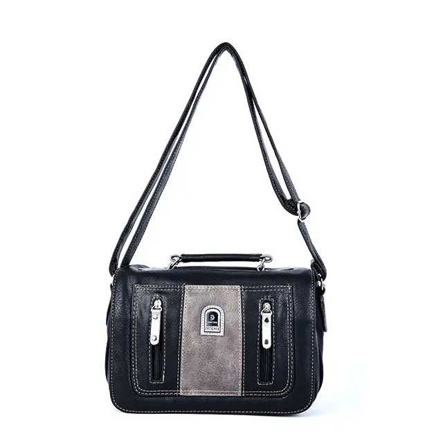 

Hot Sale Manufacture Womens Pu Handbag Zipper Pocket High Capacity Smooth Leather Fashion Shoulder Bag, Black as the main material-gray brown as the match-iron gray
