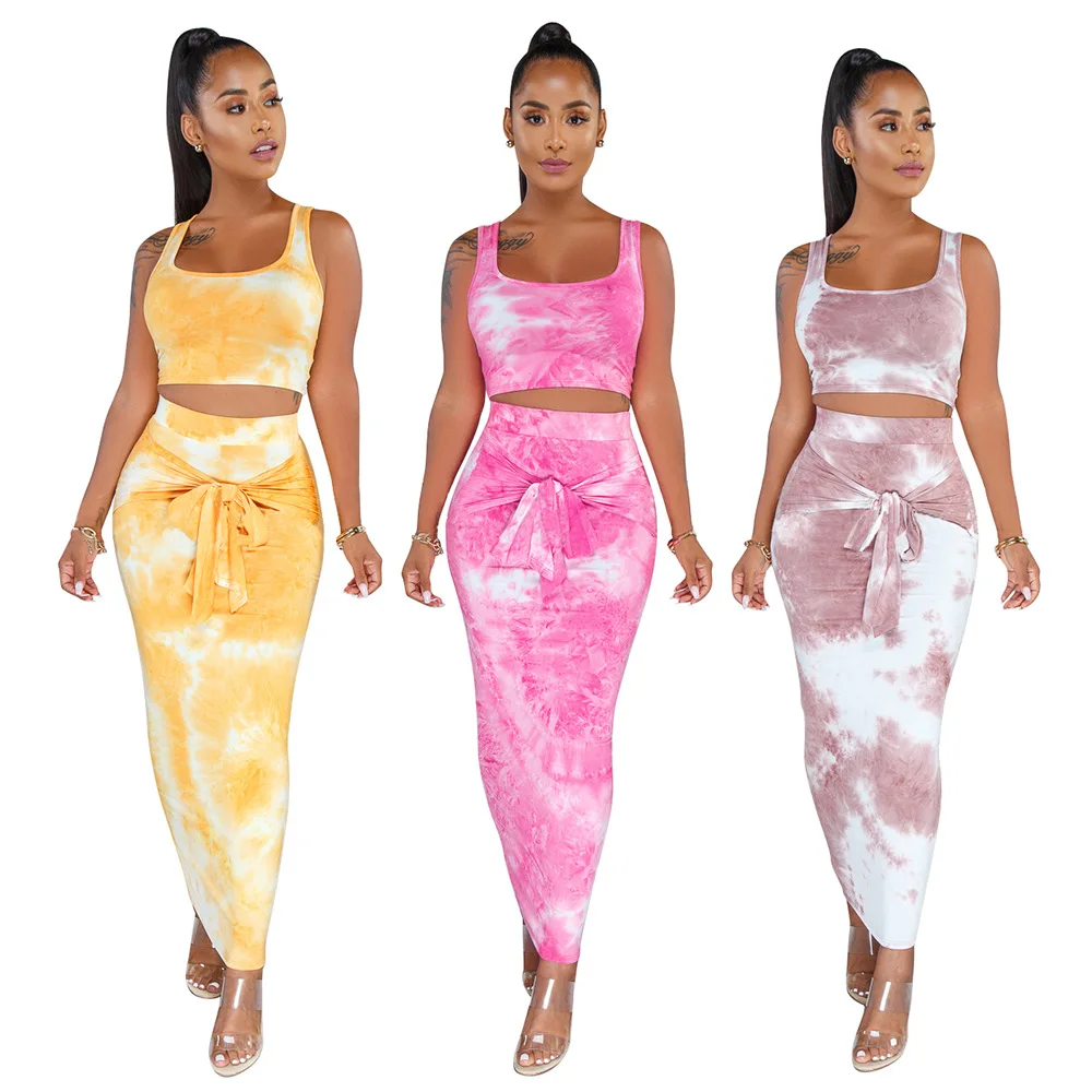 

2021 new arrivals wholesale taobao online custom clothes tie dye two piece set women clothing vest summer Casual dresses