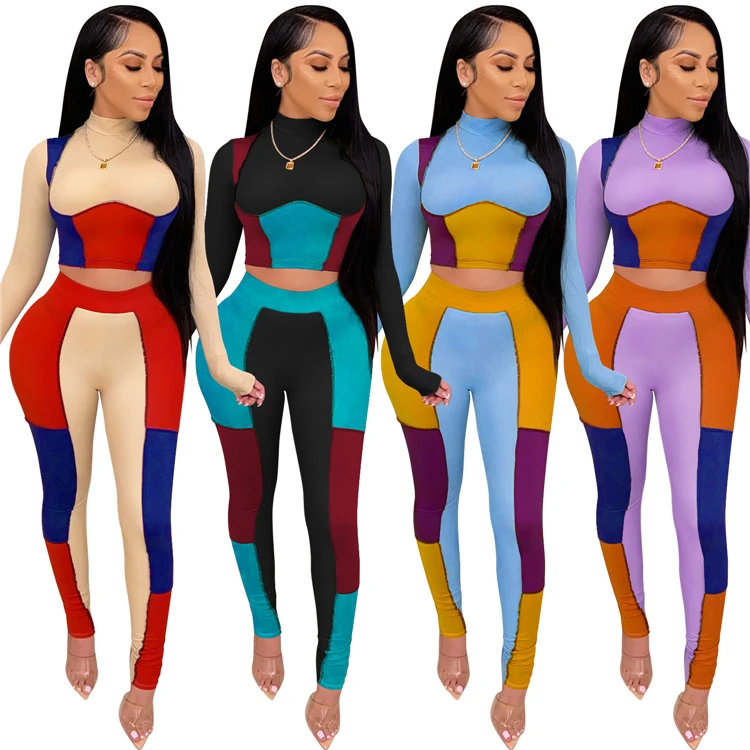

C5013-elegant long sleeve patchwork crop top with leggings pants 2 piece sets women spring clothing, Picture