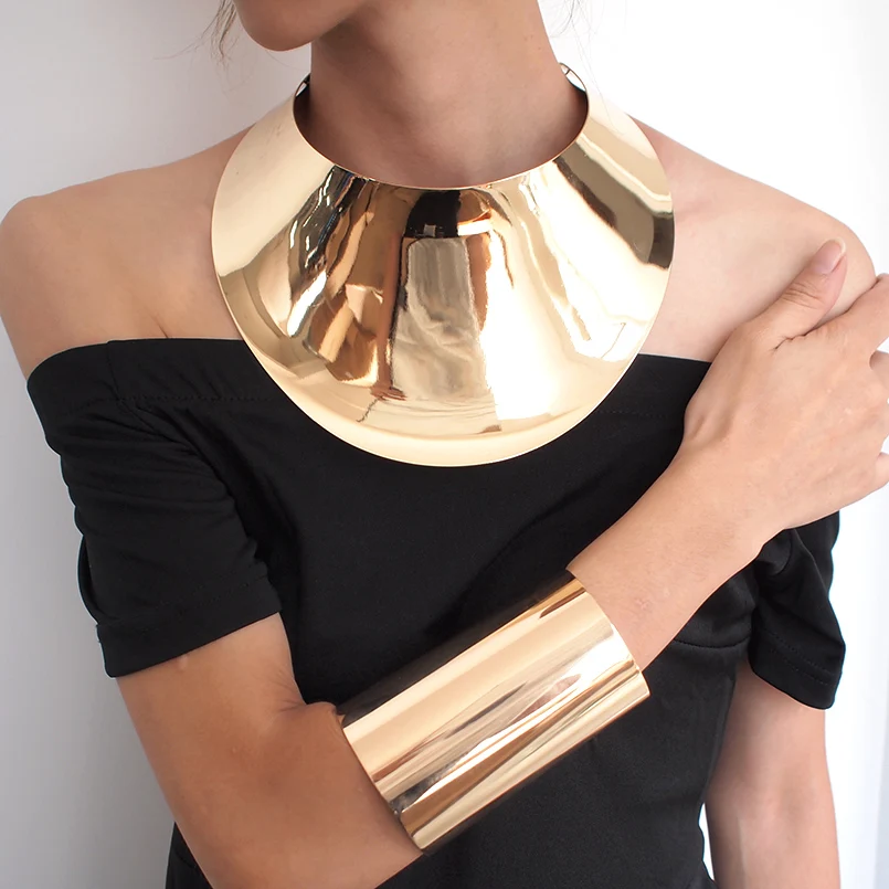 

Big Geometric Metal African Jewelry Sets Statement Alloy Choker Necklaces Dress Cuff Gold Plated Fashion Jewelry Sets, Gold, silver