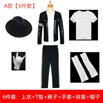 

Michael Jackson costume halloween party stage dance show clothing 6 pcs performance gloves pant coat shirt sock hat full set