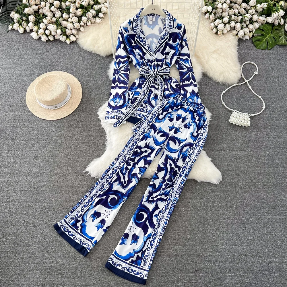 Celadon Printed Jacket & Wide Leg Trousers Two Piece Set