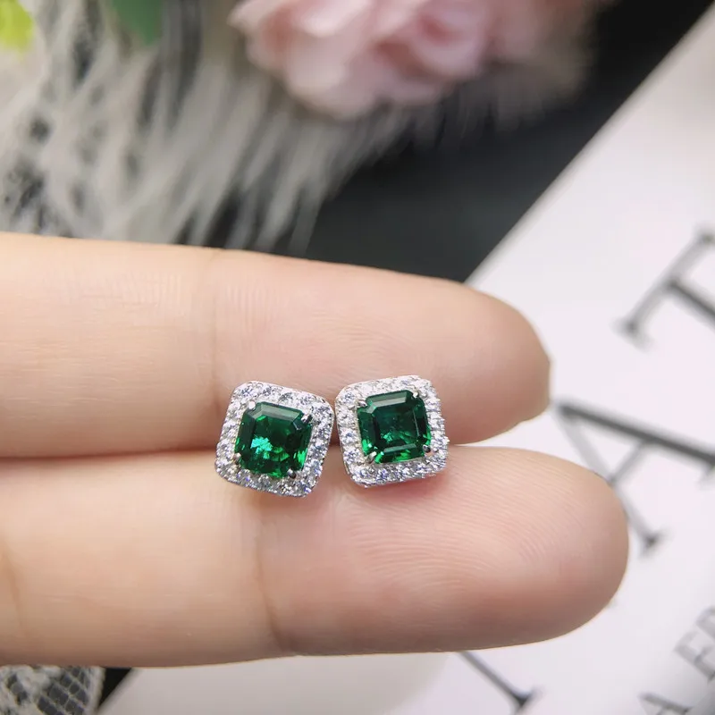 New Fashion Lab Grown Zambian Emerald Green Gems Earrings With 18K Gold Plated Sterling Silver Moissanite Stud Earring for Women