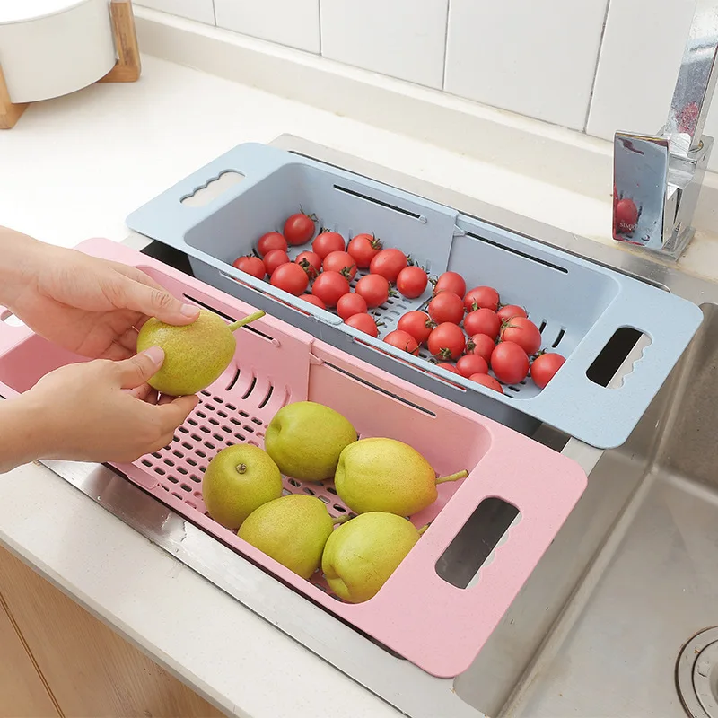 

Retractable Sink Drying Rack Vegetable Fruit Drain Basket Multifunctional Adjustable Home Kitchen Organizer Tool, Pink green blue