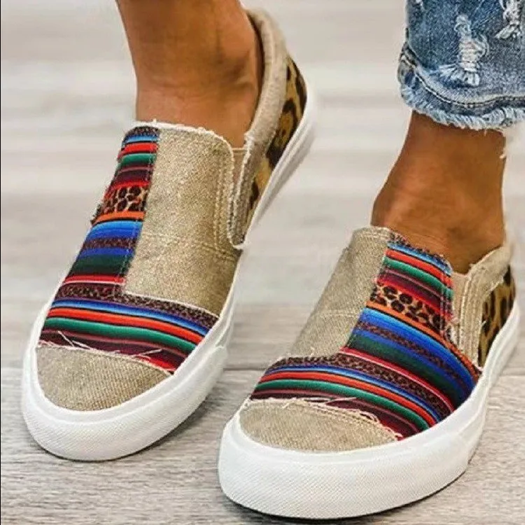 

2021 new spring and summer fabric stitching flat single shoes women's striped women's shoes