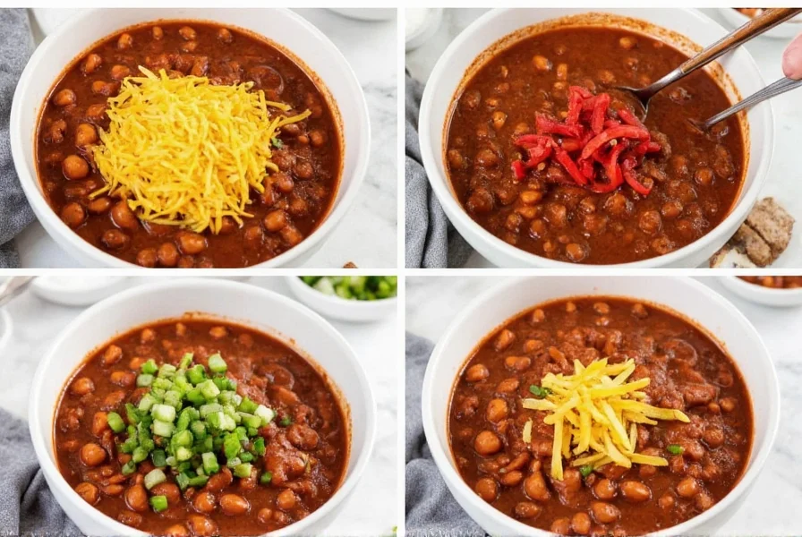 Variations of quick and easy chili recipe with different toppings and serving styles