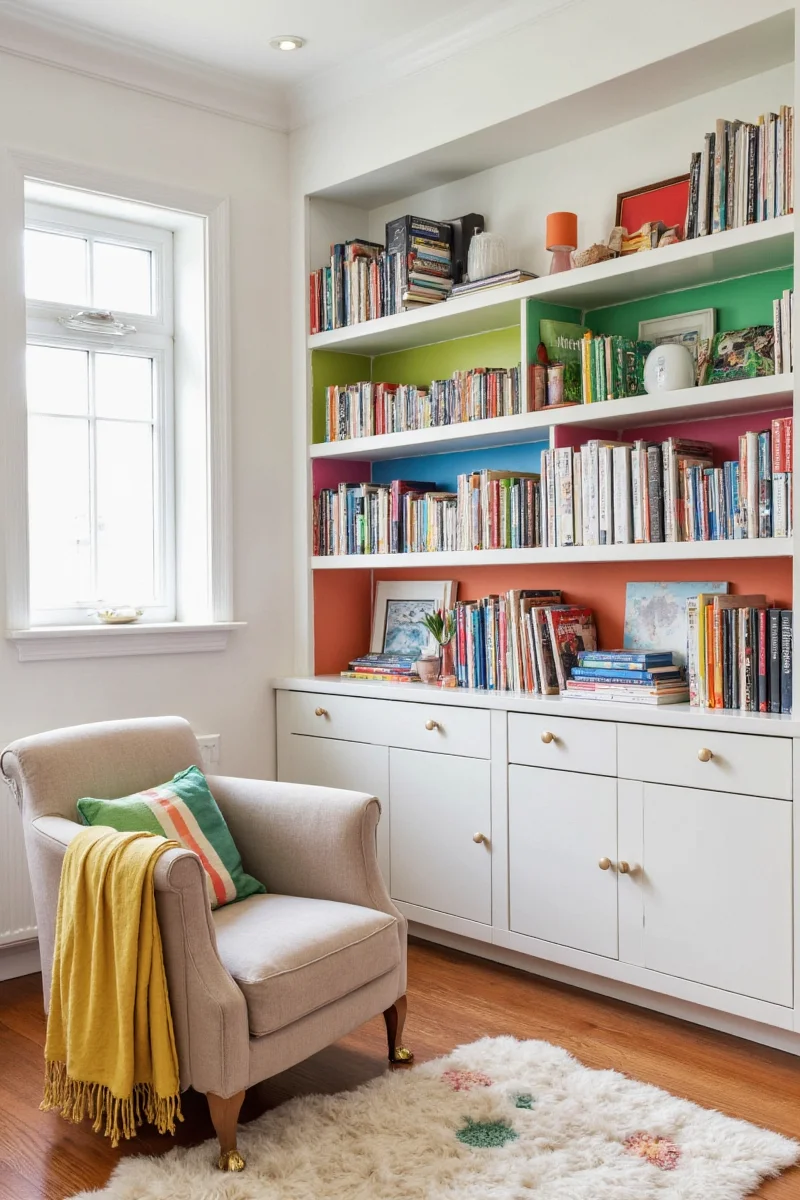 Colored bookshelf in a family living room