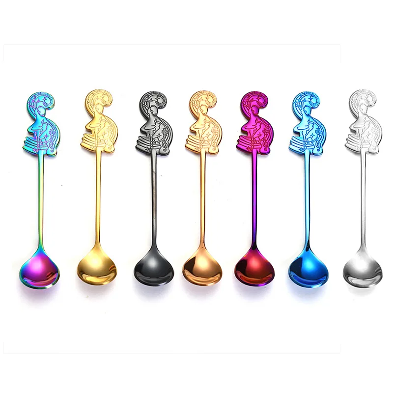 

H646 Bar Kitchen Accessories Multifunction Desert Cake Tea Dancing Women Spoons Multi Colour Stainless Steel Music Note Spoon, 7 colour