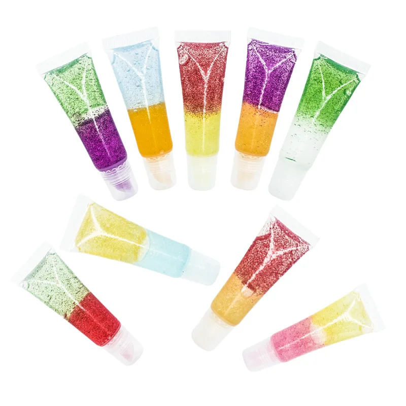 

2021 New Style Double Layer Multiple Color vegan lip gloss squeeze tubes vendor with custom private label, 9 colors
