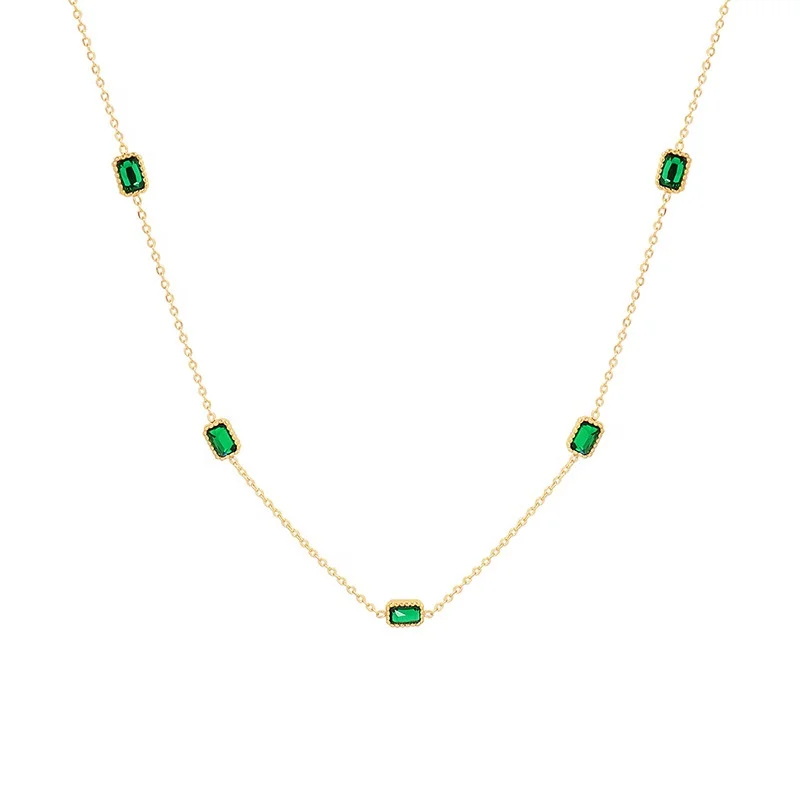 

Wholesale 18k Gold Plated Stainless Steel Trendy Jewelry Square Diamond Stone Cubic Zirconia Green Emerald Necklace, Gold, silver, rose gold, black