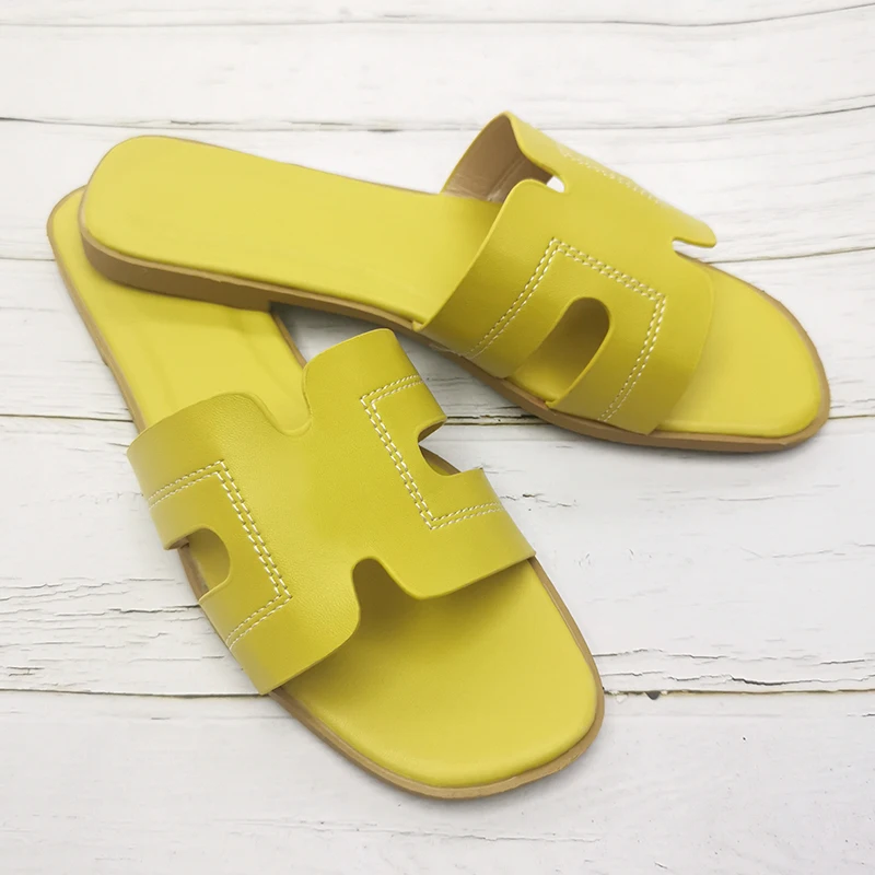 

Ladies Shoes Flat Casual Fashion H Belt Slipper Pu Leather Women Beach Oran Sandals Outdoor Casual One Thong Slipper