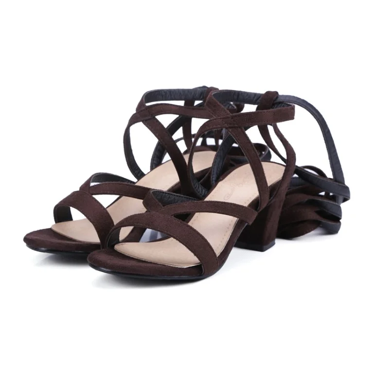 

2021 Spring New Solid Color Knee High Lace-up Ladies Thick Heel Sandals European and American Large Size Wholesale, Brown,black,blue