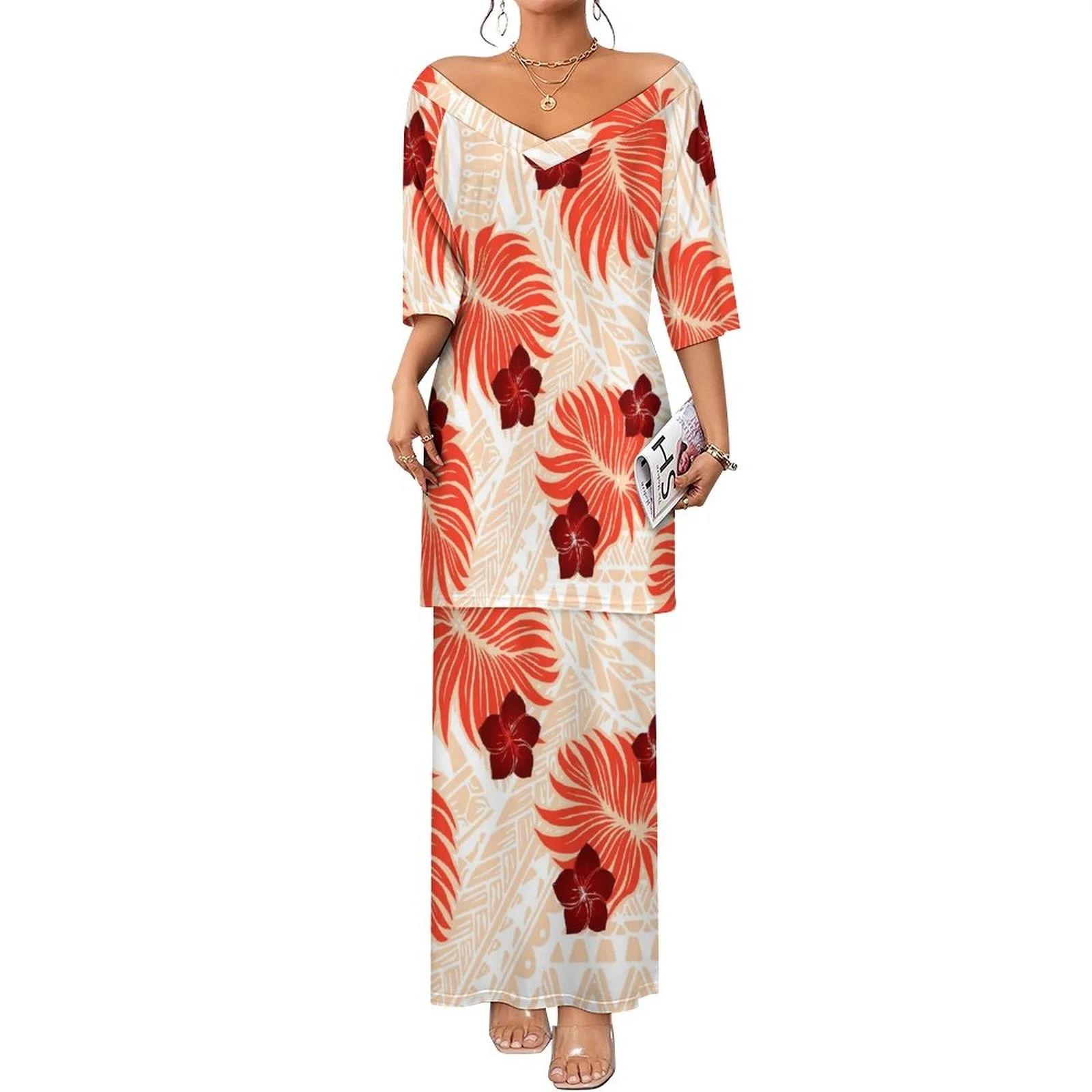 Factory Outlet Customized On Demand Puletasi Set Dress Polynesian Dresses Women Elegant Featured V-neck Top And Skirts