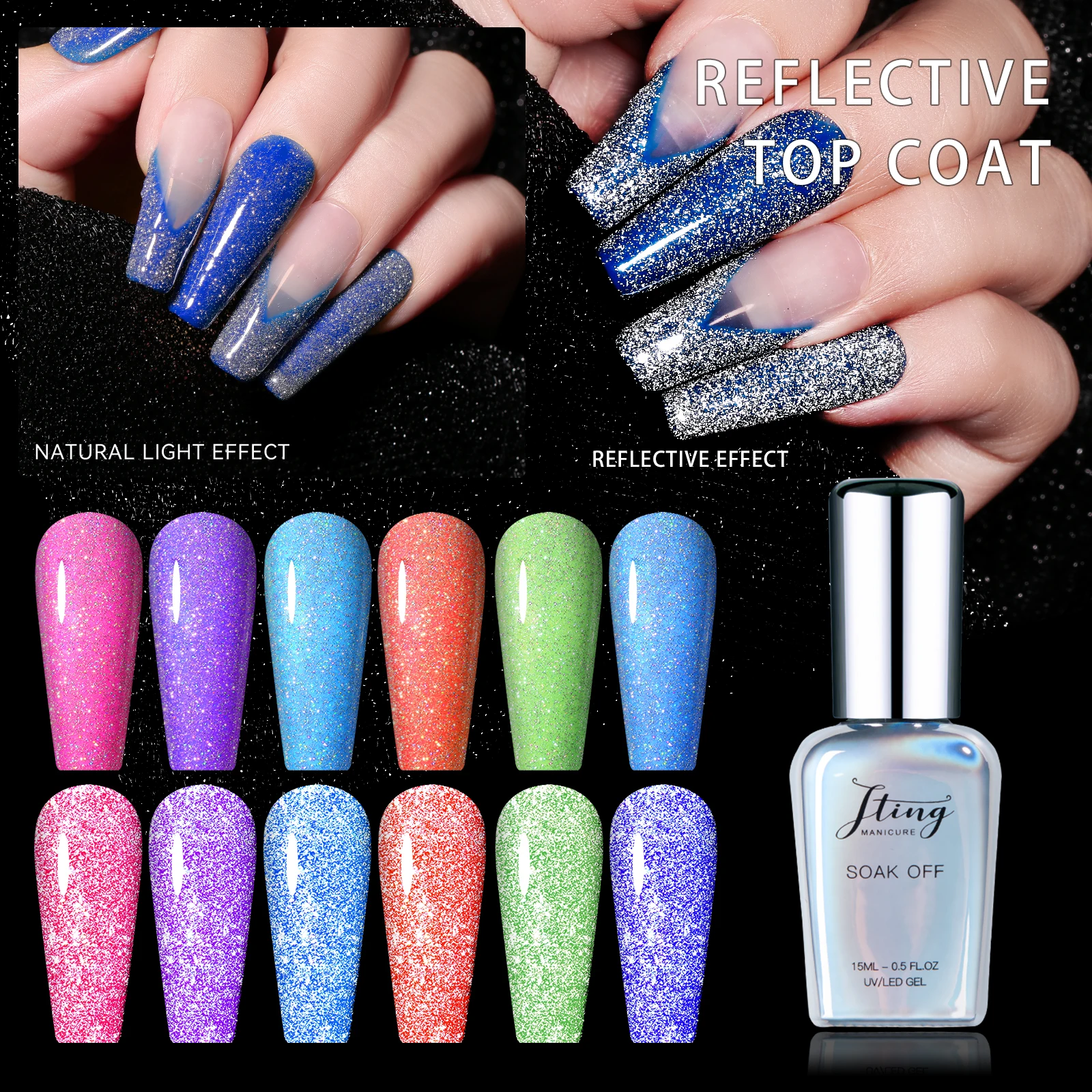 

JTING new design top shiny quality 2 effects diamond reflective glitter top coat gel polish OEM ODM free customizaiton service