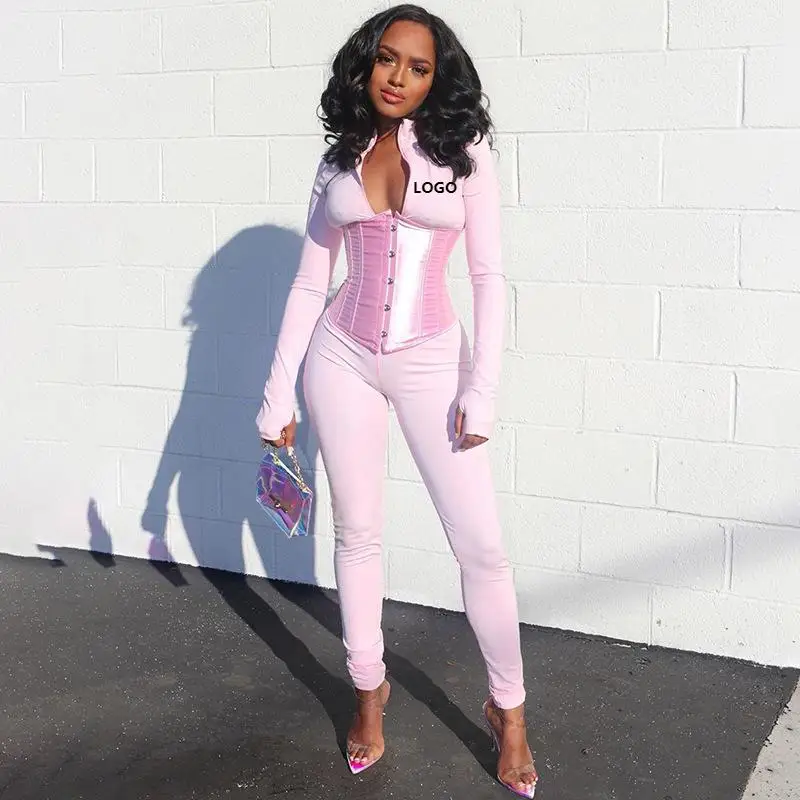 

long sleeve jumpsuit belt corset 2 piece set autumn winter women jumpsuits sexy bandage zipper jumper suit