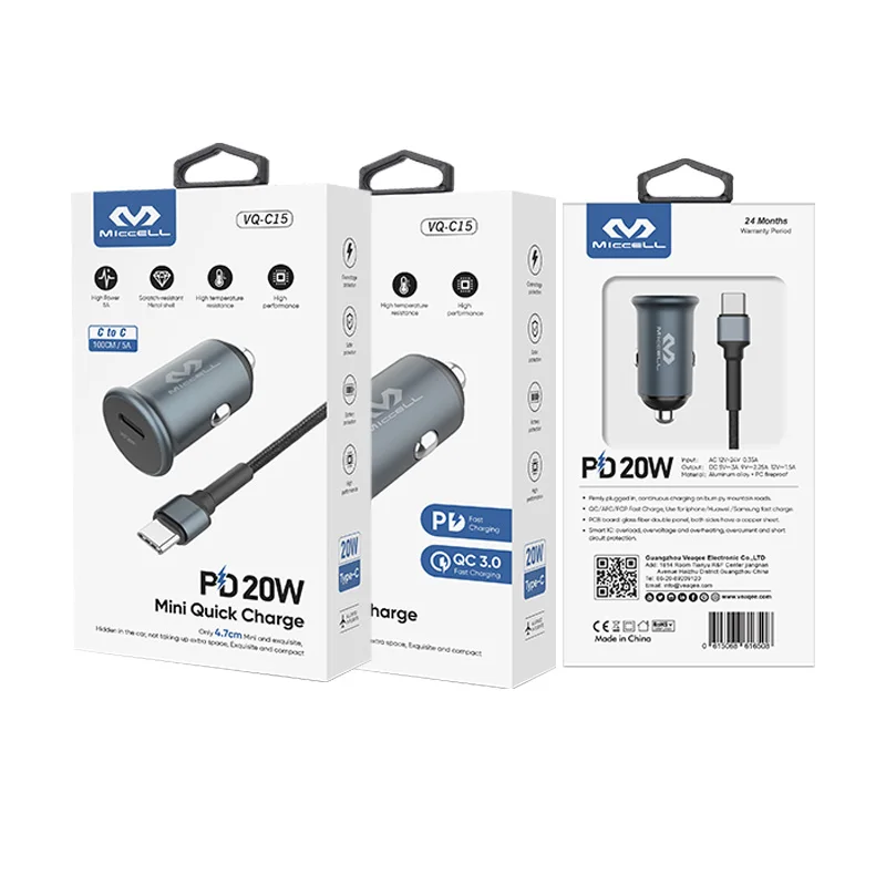 

MICCELL 38W car chargers with cable wholesale mobile charge portable mini fast phone usb c PD adapter car charger for iphone, Black, light gray, dark gray
