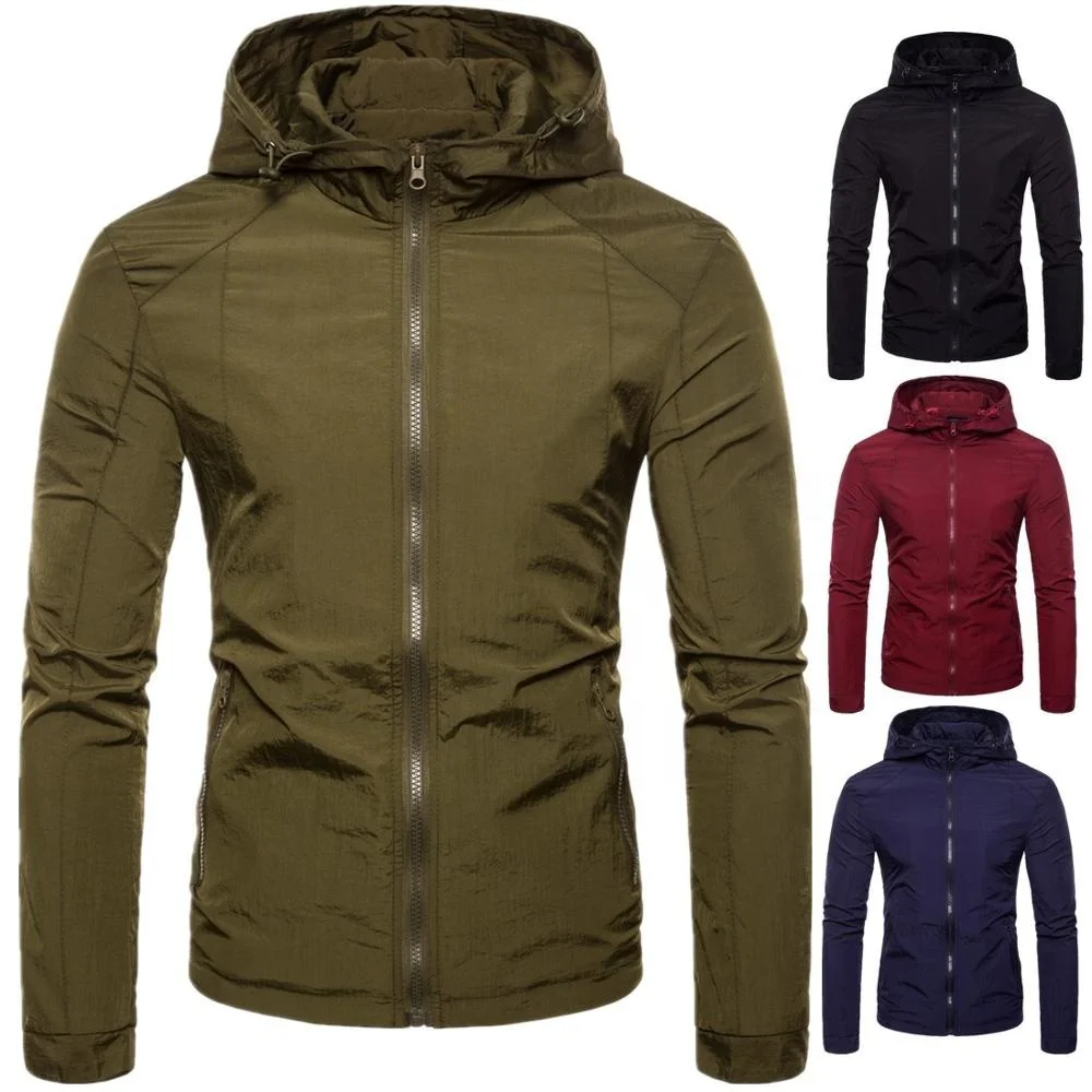 

2020 European Fashion Solid Color Hooded Ultra Thin Mens Hood Jacket, Army green,black,red,navy