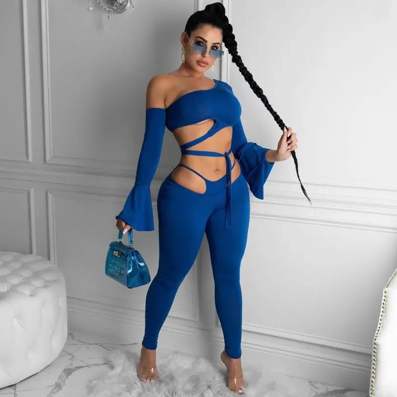 

2021 New fashion women Strapless top and Hollow Out leggings two piece set women ladies clothing