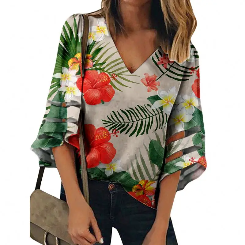 

new fashion Fall Clothing For Women Blue Background Yellow And Red Hibiscus Flowers Graphic Design Printed Aloha Tops Blouse, Customized color