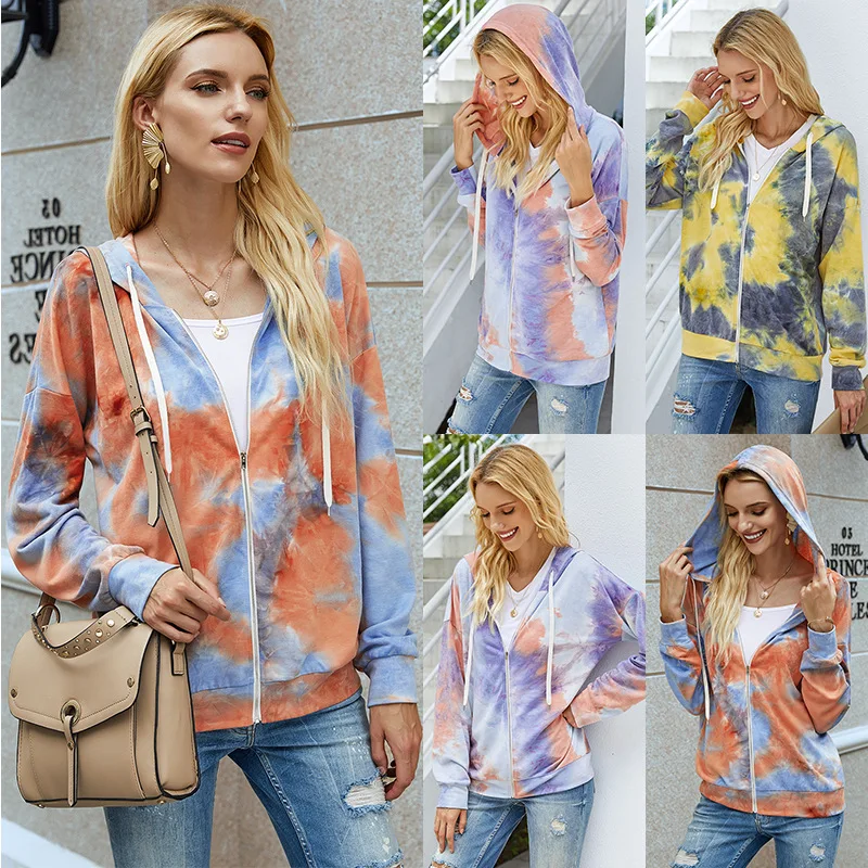

Women fall zipper hoodie long sleeve tie dye sweatshirts front zipper hooded sweatshirt colorful fashion shirts