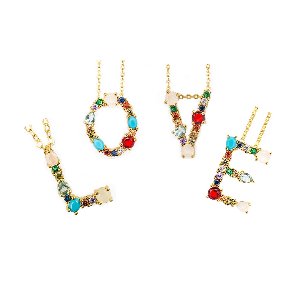 

Hot Sale Colorful Crystal Letter Necklace 26 English Initial Letters Necklace Gold Alphabet Letter Pendant Necklace
