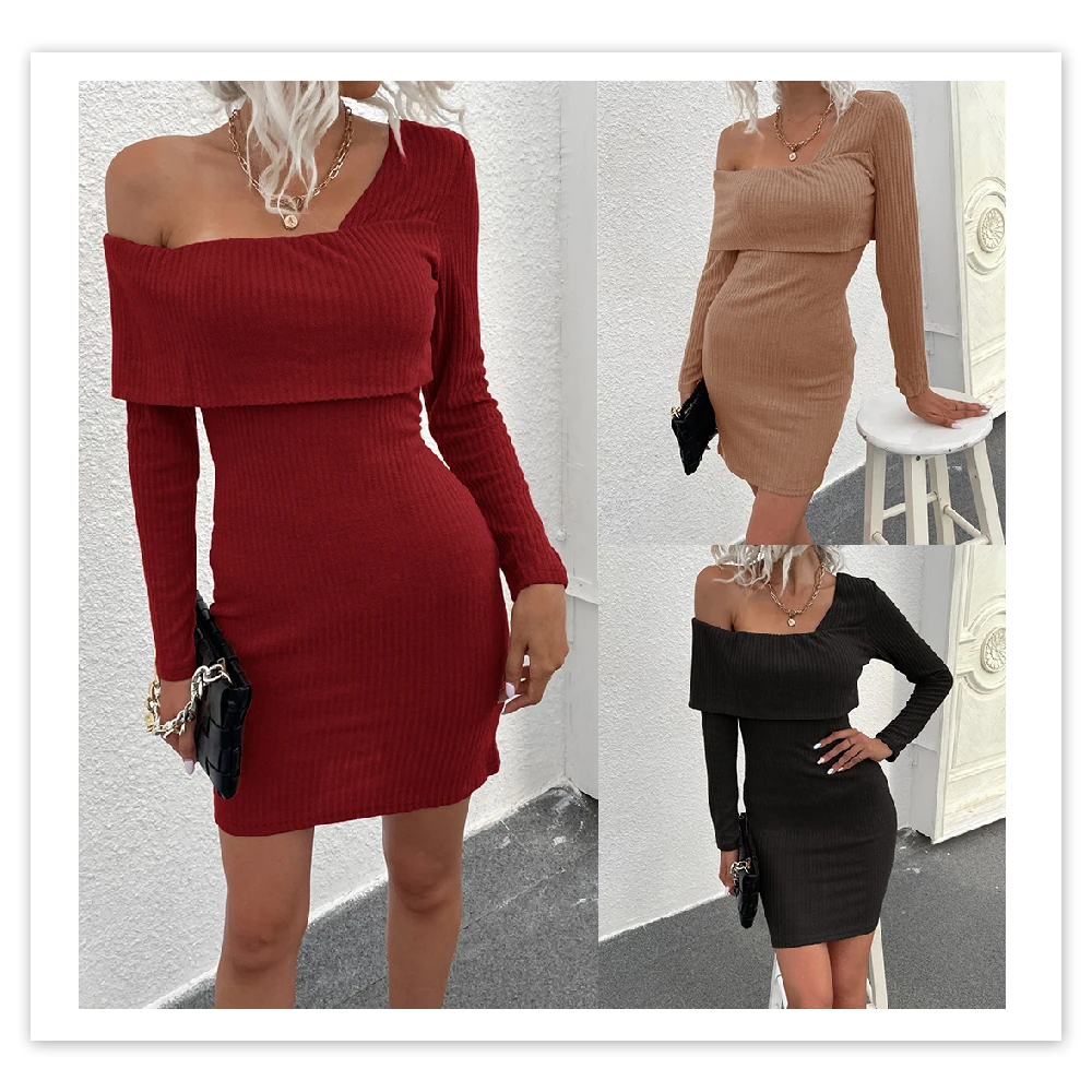 

Women Knit Pullover Sweater New Long Sleeve Strapless Sexy Short Knit Dress Slim Elastic Autumn Winter Sweater, Khaki,black,red