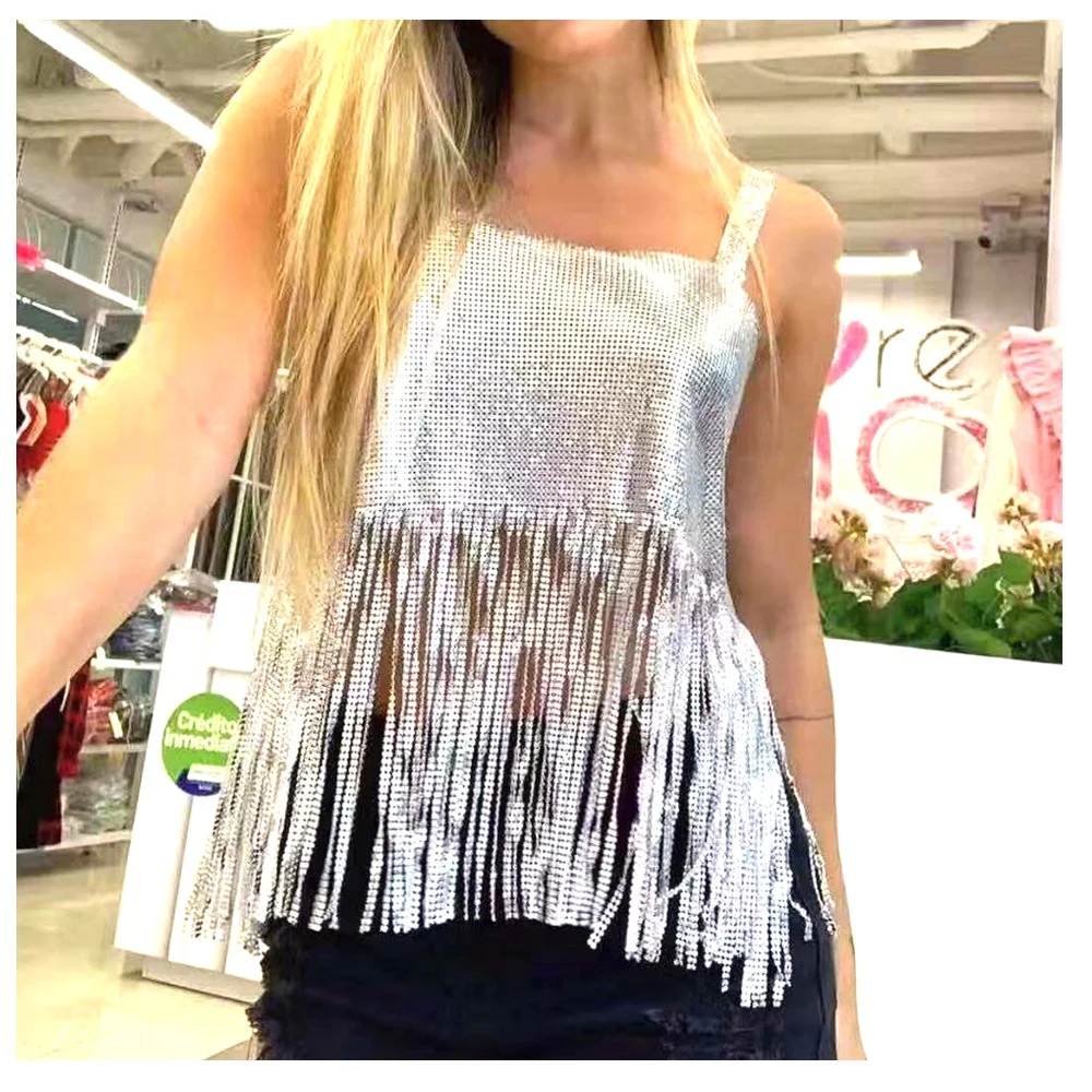 C047 Women Metal Sequin Sparkle Glitter Tank With Tassels Backless Chain Crop Tops Party