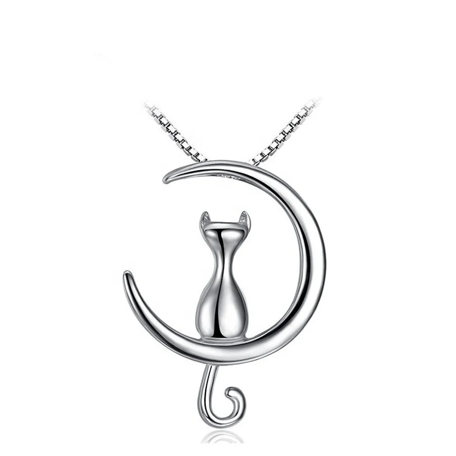 

fashion S925 sterling silver creative moon cat pendant necklace for women, White gold
