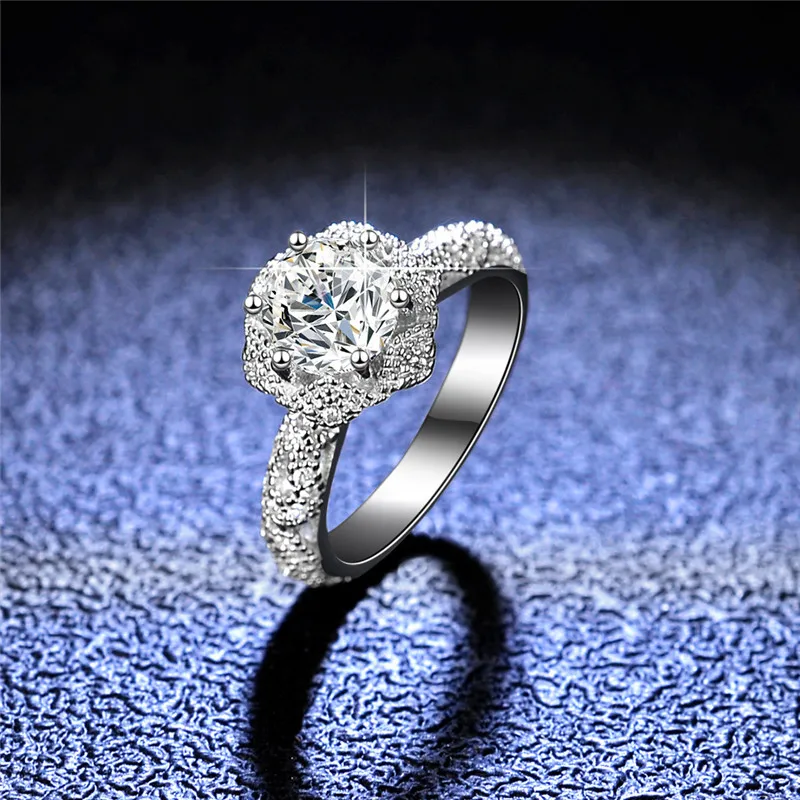 

Silver 925 Original Platinum Brilliant Cut Diamond Test Past 1 Carat D Color Moissanite Blossom Ring Sparkling Gemstone Jewelry