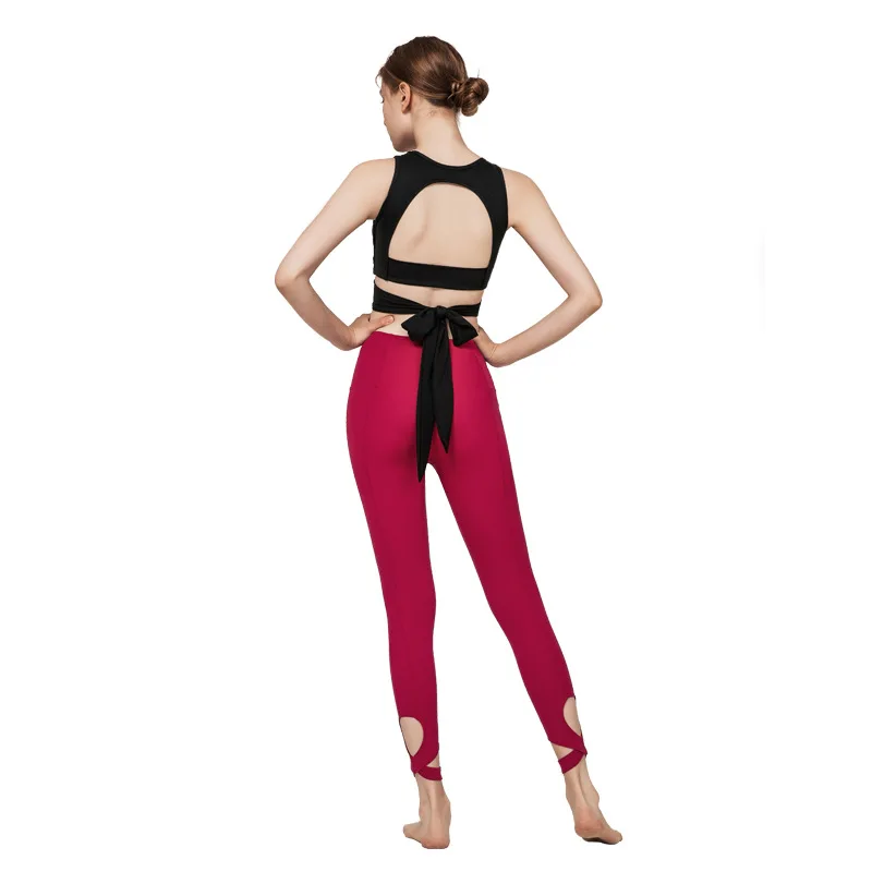 

Women Gym Fitness Yoga Wear Back Knot Hollow Design Sports Bra Tight Leggings Set Female Sport Suit, Customized colors