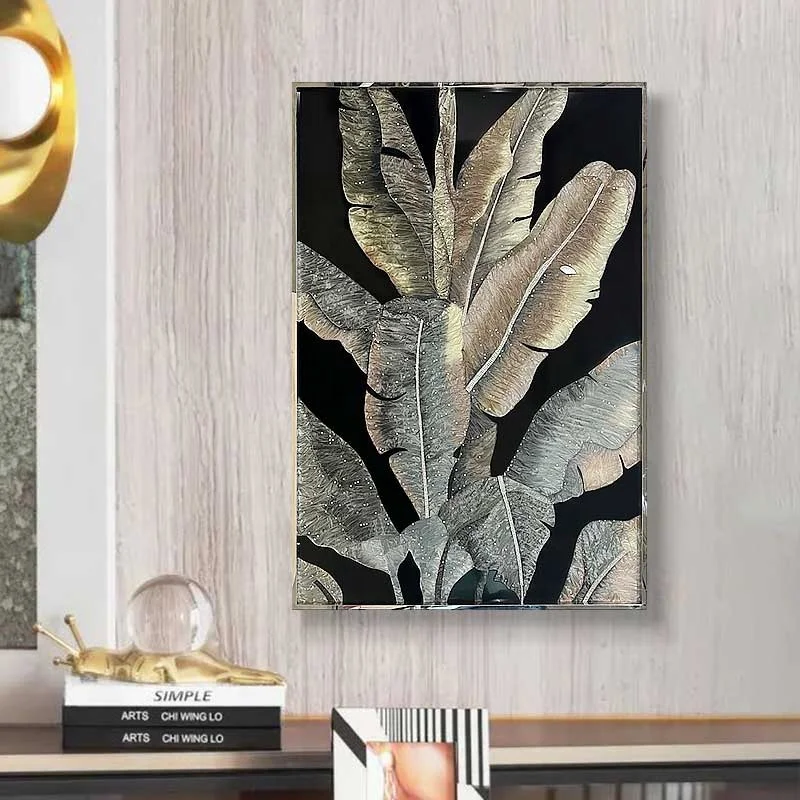 

Luxury 3D Leaf Enamel Painting Plant With Hand-Applied Diamonds Tempered Glass Wall Art Home Decor Nordic