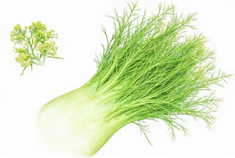 Close-up photograph showing the distinct white bulb of fennel with layered segments, bright green stalks emerging from the top, and delicate feathery fronds. The image clearly demonstrates what fennel looks like from multiple angles.