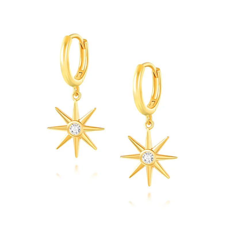 

925 Sterling Silver Eight Pointed Star Diamond Pendant Huggie Earrings minimalist Silver Jewelry