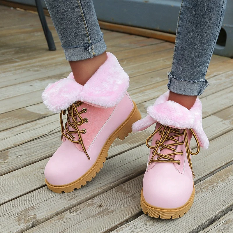 

New Snow Boots Sheepskin Wool Snow Cotton Shoes Ankle Shoes Lace up Candy Color Fur Parent-child Platform Boots Women, Pink black