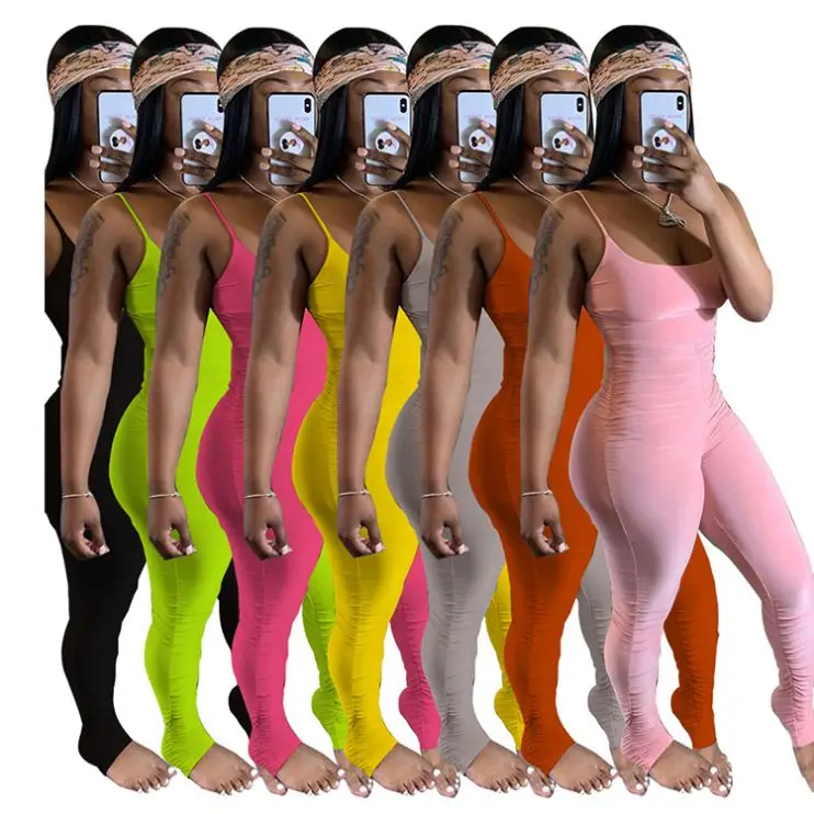 

0420M213 Hot Sale Custom Sexy Strapless Bodycon Jumpsuit Women 2021 Solid Draped Spaghetti Strap Fashion Design Ladies Jumpsuit