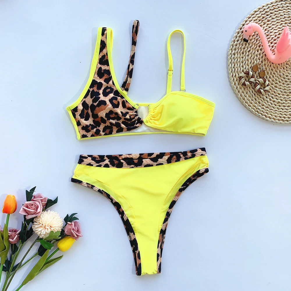 

Women two piece custom bathing suit colorblock leopard plain high waisted sexy bikini swimsuit, As picture showed