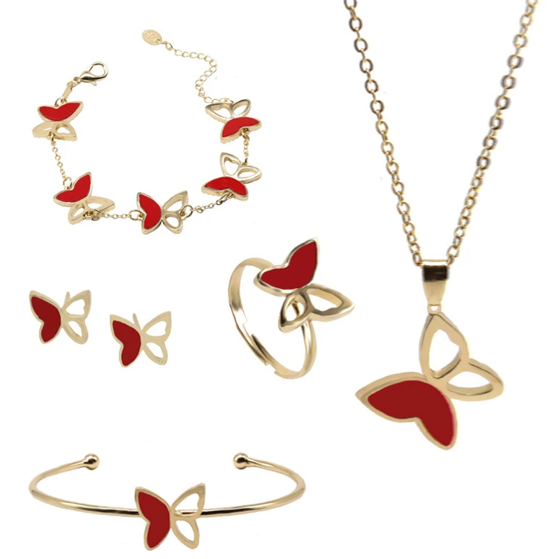 

Fashion Jewelry 5Pcs/Set Gold Plated Adjustable Butterfly Necklace Earrings Bracelet Bangle Ring Set Accessories for Women