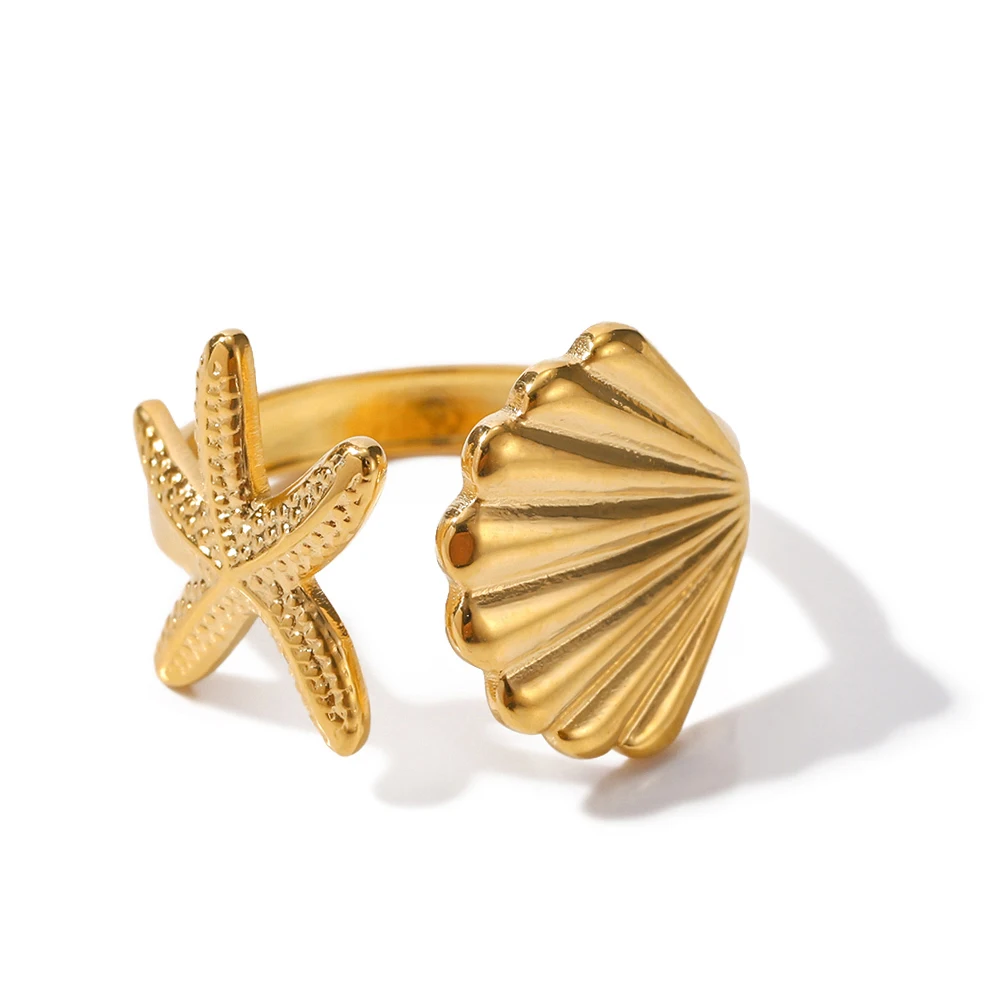 

Ins Ocean Style Stainless Steel 18K PVD Plated Shell and Starfish Rings Tarnish Free Rings For Girls