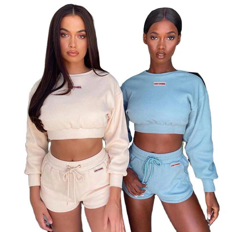 

women two piece set 2021 new casual sports wear two piece short set lucky label two piece set women clothing